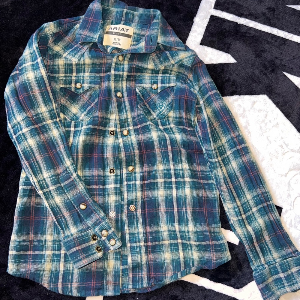 Ariat Kids Teal and Navy Plaid Flannel Button Down Shirt